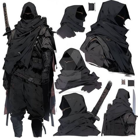 Hooded Character Reference, Concept Art Clothing, Hooded Figure Character Design, Ninja Clothes Reference, Assassin Mask Design, Royal Assassin Aesthetic, Armor With Cloak, Fantasy Archer Outfit, Hooded Man Art