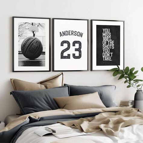 Decorate with a personalized name sign basketball wall art set of 3 prints, featuring custom name basketball poster print art in a striking black and white theme. This sporty teen boy gift is perfect for young sports enthusiasts, adding a personalized touch to their space. DETAILS: 🏀 Poster printed on 175gsm matte paper. Comes rolled. 🏀 Framed matte black wooden poster that's ready to hang. 🏀 Printed + framed sizes: 8" x 10", 11" x 14", 12" x 18", 16" x 20", 18" x 24" and 20" x 30" 🏀 See ima Study Room Wall Art, Basketball Man Cave Ideas, Teenage Sports Bedroom, Organization For Boys Room, Sports Wall Decor Ideas, Bedroom For 7 Year Boy, Boys Room Decor Teenage, Basketball Theme Room Bedroom Ideas, Preteen Boys Bedroom Ideas Sports