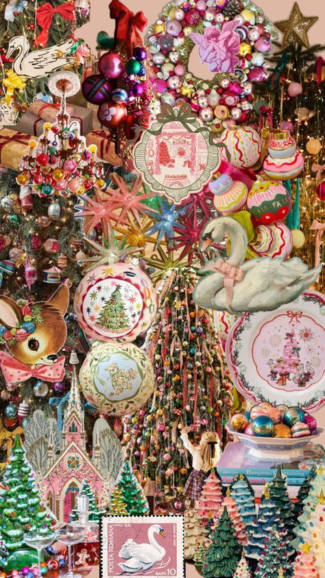 Collage Pink And Red Christmas Decor, Pink Vintage Christmas, Anthro Christmas, Christmas Collages, Cottage Core Christmas, Maximalist Christmas, Vintage Christmas Party, Xmas Vibes, Vintage Pink Christmas