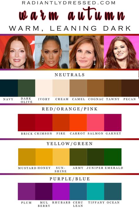 Warm Autumn Color Palette. The Radiantly Dressed comprehensive guide to Warm Autumn in the 12 season system of color analysis. Warm Skin Tone Colors, Warm Autumn Color Palette, Autumn Color Palette Fashion, Warm Fall Outfits, Deep Autumn Color Palette, Autumn Skin, Soft Autumn Color Palette, Autumn Color Palette, Warm Skin Tone