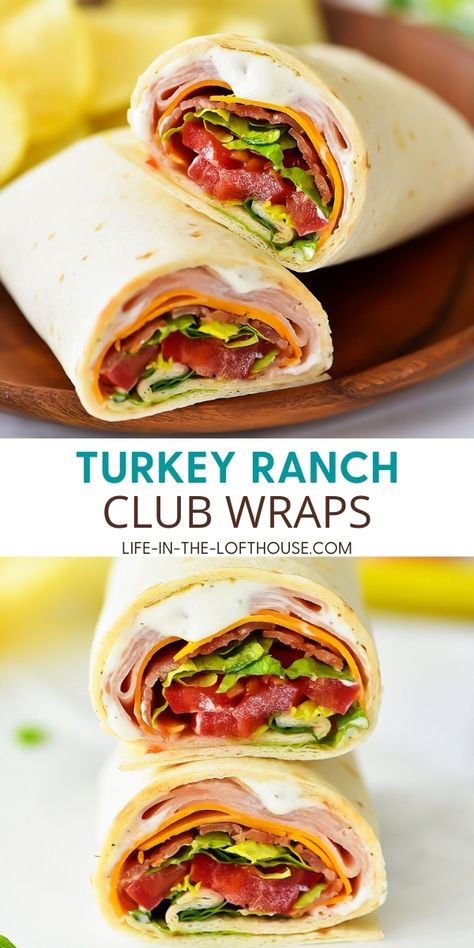 Turkey Ranch Club Wraps make for a quick and easy lunch or dinner! Turkey Bacon Club Wrap, Cold Snack Ideas For Adults, Wraps Recipes Lunch Ideas, Lunch For Hungry Men, Best Turkey Wraps For Lunch, Make Ahead Lunch Sandwiches, Wrap Meal Ideas, Firehouse Lunch Ideas, Sandwich Wraps Recipes Lunch Ideas