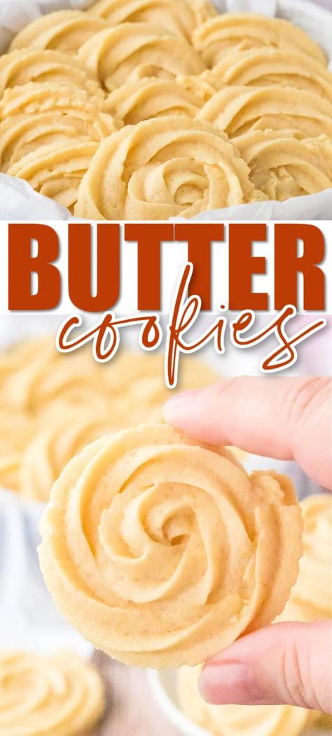 Butter cookies! These aren't your grandma's sewing tin butter cookies, oh my. This recipe is melt-in-your-mouth heaven! Danish Butter Cookies Recipe, Piped Cookies, Homemade Danish, Butter Cookie Recipe Easy, Danish Cookies, Butter Cookies Easy, Danish Butter Cookies, Frozen Cookie Dough, Easy Butter