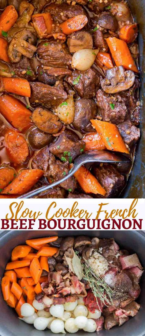 The EASIEST Slow Cooker Beef Bourguignon with beef, red wine, mushrooms and bacon made in your slow cooker. Beef Red Wine, Red Wine Mushrooms, Beef Bourguignon Slow Cooker, Slow Cooker Beef Bourguignon, Wine Mushrooms, Dinner Then Dessert, Slow Cooker Recipes Beef, Beef Stew Crockpot, Slow Cooker Beef Stew