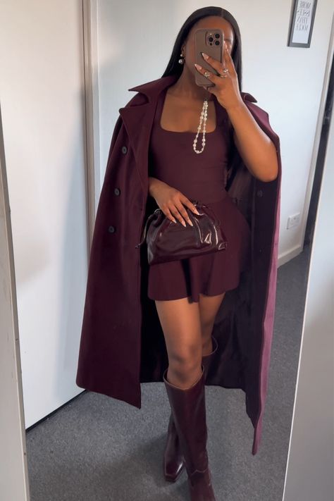 Runaway Groomsman Meghan Quinn, Styling Burgundy Boots, Burgundy On Burgundy Outfit, All Burgundy Outfit Women, Monochrome Burgundy Outfit, Burgundy Monochromatic Outfit, Cherry Style Outfit, Burgundy And Gold Outfit, Burgundy Dress Outfit Winter