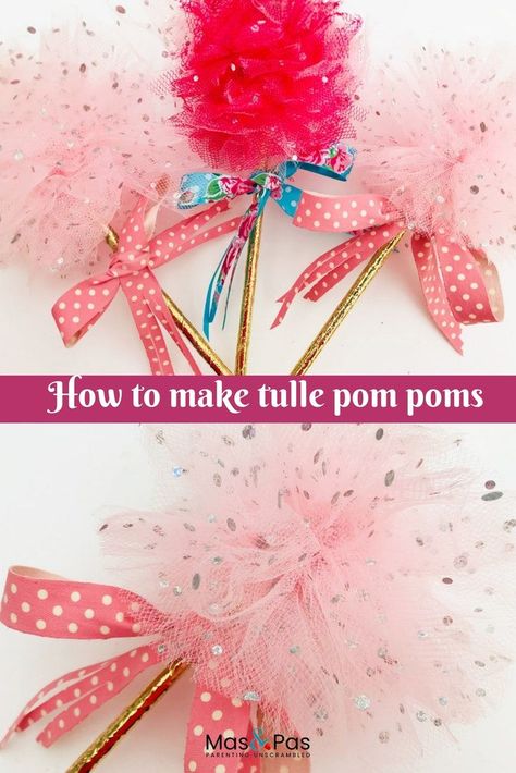 How to make tulle pom poms. These look so pretty but are surprisingly quick and easy to make. These delicate pom poms can create beautiful table centrepiece decorations for a kids party or can be strung up as pom pom bunting. Find out how to make them here. #partydecorations #tullepompoms #tullenettingpompoms #easypartydecorations #princesspartydecorations #balletpartydecorations #kidspartydecorations #weddingtabledecorations Ballet Crafts For Kids, Tulle Pompoms Diy, Tulle Pom Pom Diy, Ballet Party Activities, Tulle Pom Pom Garland, Ballet Party Decorations, Diy Princess Party, Tulle Pompoms, Pompon Diy