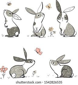 Set character design of cute rabbit. Doodle style. Cute Rabbit Doodle, Rabbit Doodle, Animated Rabbit, Character Design Cute, Rabbit Drawing, Rabbit Illustration, Bunny Drawing, Rabbit Art, Bunny Art