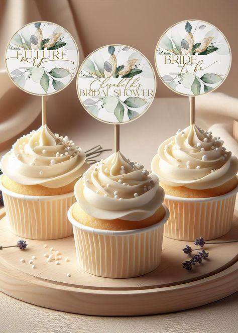 Cupcake Toppers Template for Bridal Shower Party Printable Greenery Gold Cupcake Topper, Editable Templet Eucalyptus tag Bridal Shower Dessert, Cupcake Toppers Template, Ideas For Bridal Shower, Green Gold Weddings, Green Bridal Showers, Bridal Shower Cupcakes, Gold Cupcakes, Greenery Wedding Decor, Eucalyptus Wedding Invitation