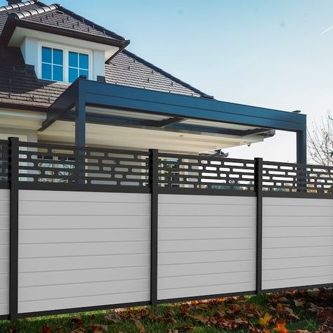 Privacy Patio Fence, Wood And Metal Privacy Fence, Modern Privacy Wall On Deck, Iron Fence Privacy Ideas, Fence Extensions For Privacy, Fence Toppers For Privacy, Modern Metal Fence, Aluminum Privacy Fence, Privacy Landscaping Between Houses