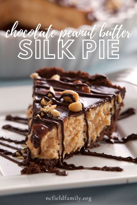 Chocolate Peanut Butter Silk Pie Peanut Butter Silk Pie Recipe, Peanut Butter Silk Pie, No Bake Lemon Pie, Chocolate Silk Pie, No Bake Lemon, Crumble Tart, Silk Pie, Fall Menu, Peanut Recipes