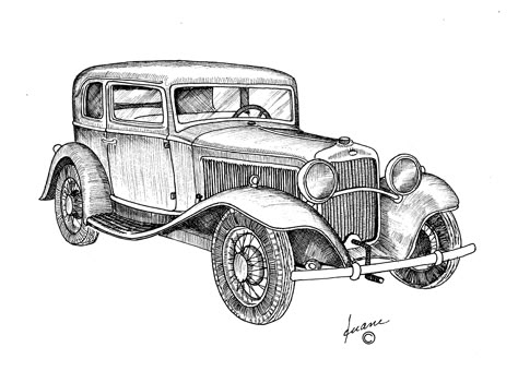 Vintage Car with Hand Crank Car Drawing Pencil, Drawings Vintage, Travelers Notebook Ideas, Old Fashioned Cars, Cars Drawing, Drawing Vintage, Cool Car Drawings, Cars Coloring Pages, Car Drawing