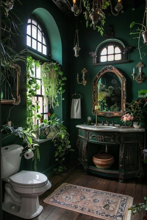 21 Gothic Bathroom Interior Concepts To Fuel Your Dreams! - My Decor Inspo Hobbit Aesthetic Home, Cottagecore Bedrooms, Modern Gothic Home, Gothic Bathroom Ideas, Maximalist Bedroom Ideas, Drømme Bad, Serene Spaces, Dark Green Bathrooms, Gothic Bathroom