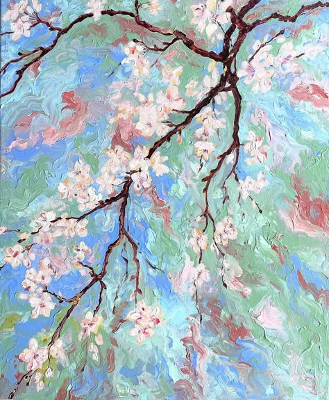 Impressionism Tree Painting, Cherry Blossom Wallpaper Drawing, Cherry Blossom Artwork, Cherry Blossom Gouache, Painted Cherry Blossoms, Abstract Flowers Painting, Cherry Blossom Acrylic Painting, Cherry Blossom Paintings, Cherry Blossom Watercolor Painting