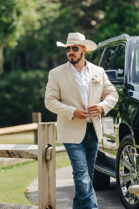 Western Mens Wedding Attire Grooms, Suit Jacket With Jeans For Men Wedding, Country Wedding Male Outfit, Tan Blazer With Jeans Men Wedding, Jeans And Jacket Wedding Guys, Jeans With Suit Jacket Men Wedding, Jeans And Button Up Men Outfit Wedding, Summer Cowboy Wedding, Country Suits Men