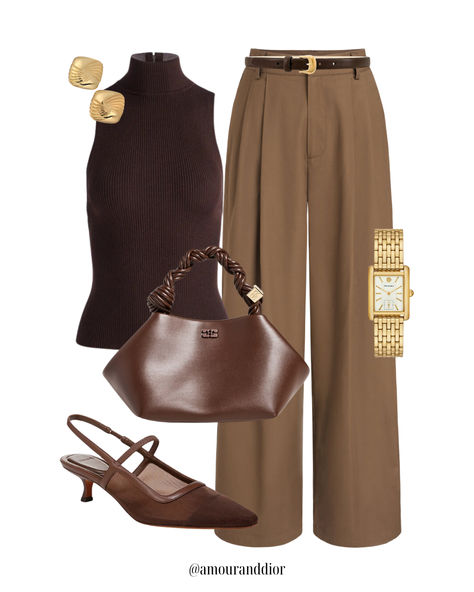 Chocolate & Caramel For Fall 🍁🤎 Fall outfit, brown heels, brown handbag, camel trousers, brown pants, knit top, workwear, office outfit Brown Pumps Outfit, Knitted Tank Top Outfit, Pointed Flats Outfit, Brown Trousers Outfit Women, Pumps Heels Outfit, Brown Heels Outfit, Brown Top Outfit, Brown Pants Outfit, Camel Outfit