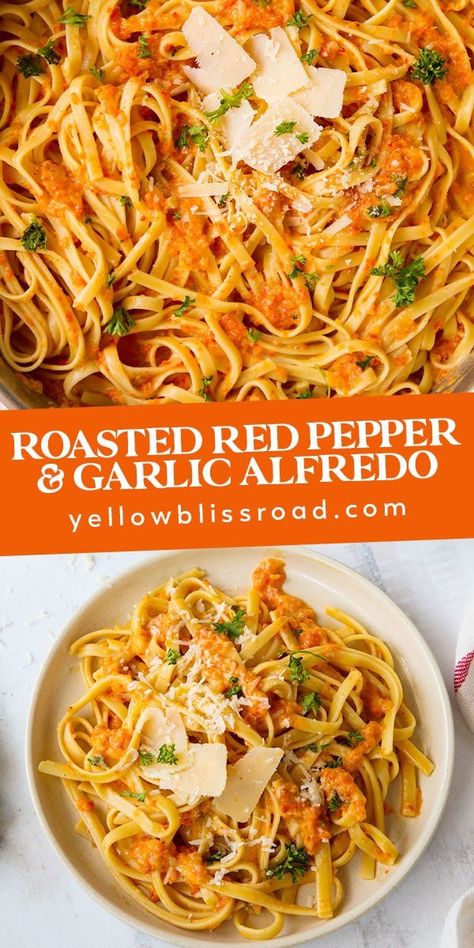 Roasted Red Pepper Alfredo, Parmesan Alfredo Sauce, Alfredo Sauce Recipe, Creamy Parmesan, Pasta Dinner Recipes, Fettuccine Alfredo, Alfredo Sauce, Roasted Red Peppers, Roasted Garlic