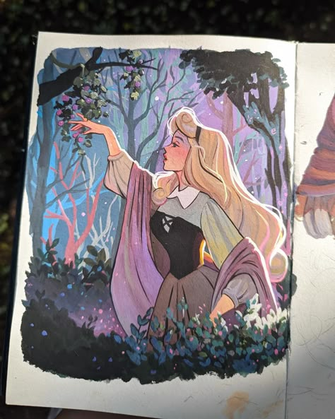 Sleeping beauty Gouache illustration Sleeping Beauty Painting Ideas, Aurora Sleeping Beauty Drawing, Disney Inspired Drawings, Aurora Sleeping Beauty Fanart, Movie Paintings Ideas, Sleeping Beauty Drawing, Sleeping Beauty Fanart, Aurora Sketch, Sleeping Beauty Dragon