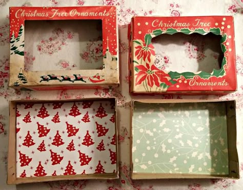 Vintage Ornament Box Printable, Vintage Christmas Ornament Boxes, Vintage Ornament Box Diorama, Junk Box Ideas, Vintage Christmas Shadow Boxes Dioramas, Vintage Christmas Diorama Ideas, Vintage Christmas Card Crafts, Vintage Christmas Diorama, Diarama Ideas Dioramas Vintage Christmas