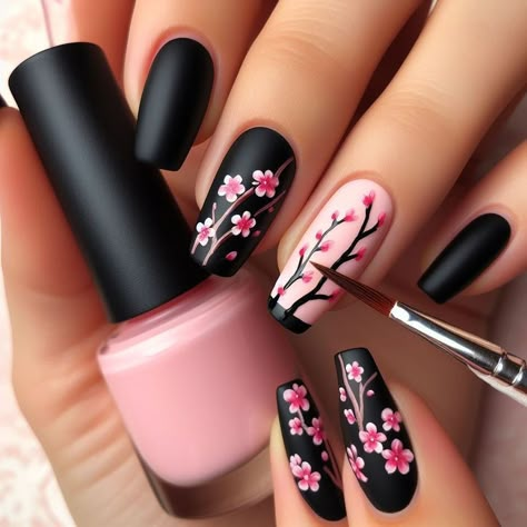 Black Nail Art Ideas, Jazzy Nails, 15 Nails, Cherry Blossom Nails Art, Blossom Nails, Acrylic Nail Designs Coffin, Disney Acrylic Nails, Cherry Blossom Dress, Cherry Blossom Nails