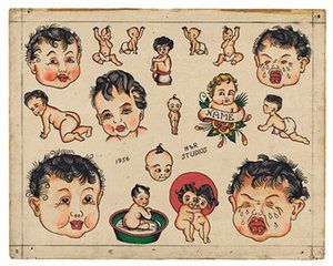 A variety of baby tattoos from H&R Studios in the US in 1956 Trad Flash, Vintage Tattoo Flash, History Drawings, Vintage Tattoo Design, Surreal Tattoo, History Tattoos, Flash Sheets, Retro Tattoos, History Posters