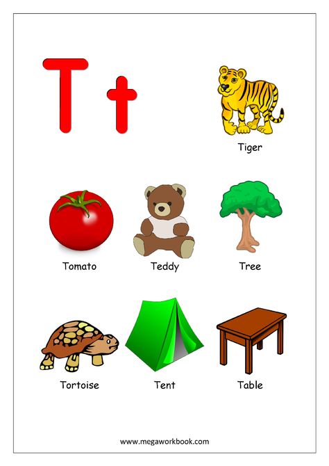 Free Printable English Worksheets - Alphabet Reading (Letter Recognition And Objects Starting With Each Letter) - MegaWorkbook Letter T Is For, T Pictures Letter, A To Z With Pictures, Letter T Flashcards, Letter T Pictures, Alphabets With Pictures Kindergarten, Alphabet Sounds Chart, Objects That Start With Letter A, Alphabet With Pictures