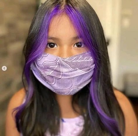 Purple Face Frame Hair, Face Frame Colored Hair, Front Two Pieces Of Hair Dyed Purple, Front Hair Color Streak, Purple Moneypiece, Purple Hair Front Pieces, Temporary Hair Dye For Kids, Purple Face Frame Highlights, Black Hair With Purple Front Pieces