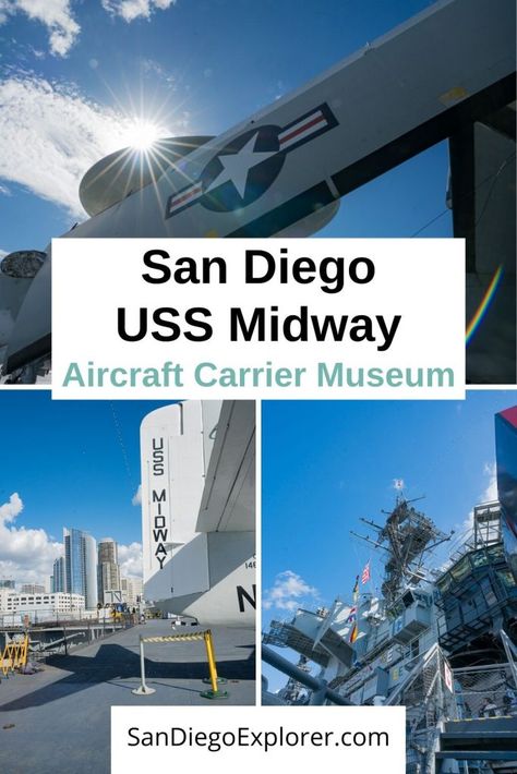 One of the Top Things to do in San Diego: Don't miss the USS Midway Museum. San Diego is a Military city and this Aircraft carrier is a must, if you are a history lover. Put it on your San Diego Itinerary now! #sandiego #sandiegoexplorer #california #sandiegotrip #sandiegomuseums #military #Navy #militaryhistory #visitsandiego San Diego Attractions - San Diego Things To Do - San Diego Museums San Diego Itinerary, Vacation Places In Usa, La Travel Guide, San Diego Attractions, California With Kids, Uss Midway, San Diego Vacation, Visit San Diego, California Travel Guide