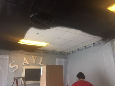 Painting Ceiling Tiles Diy, Painted Drop Ceiling, Drop Ceiling Tiles Diy, Drop Tile Ceiling, Office Ceiling Tiles, Black Drop Ceiling, Ceiling Tiles Diy, Drop Ceiling Makeover, Ceiling Tiles Painted