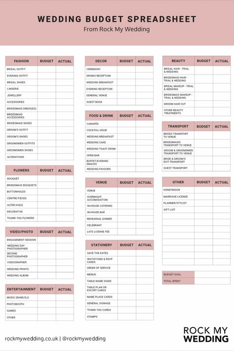 Wedding Budget Spreadsheet PDF Download | wedding planning | wedding budget planning | wedding spreadsheet guide | wedding budget planning ideas | wedding budget breakdown and allocation | organised wedding planning | downloadable spreadsheet | Rock My Wedding Wedding Cost Break Down, Wedding Budget Break Down, Wedding Planning Checklist Detailed, Wedding Spreadsheet, Wedding Budget Spreadsheet, Wedding Planning Templates, Wedding Organiser, Wedding Planning List, Wedding Budget Breakdown