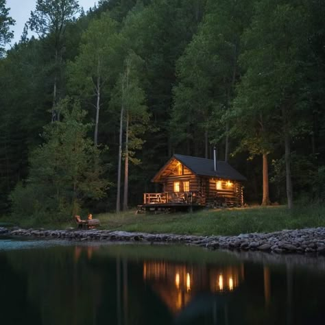 Dark Forest House Aesthetic, Lake House At Night, Cabin By A Lake, Log Cabin On Lake, Lakeside Cabin Aesthetic, Cabin In Woods Aesthetic, Old Cabin Aesthetic, Old Lake House, Pacific Northwest Cabin