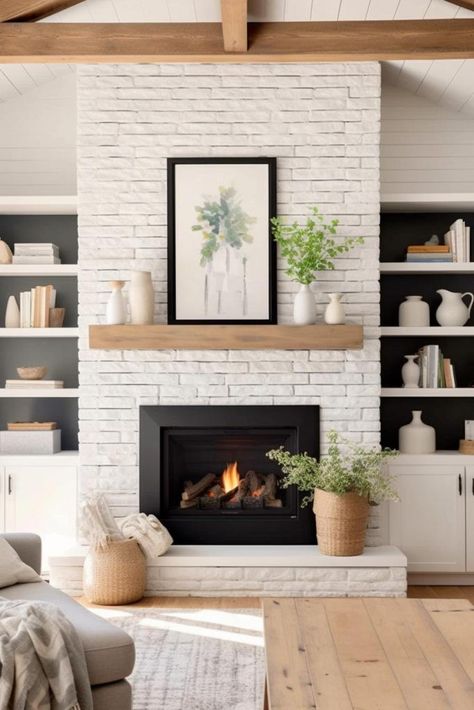 White Cobblestone Fireplace, Fireplace Ideas Red Brick, Living Room Chimney Decor, Fireplace Ledge Ideas, Fireplace Area Living Room, Wood Burning Fireplace With Built Ins, Fireplace Mantle Styling With Tv, Modern White Brick Fireplace, Shelf Around Fireplace