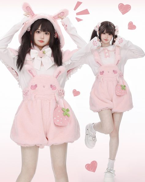 Super cute winter fleece overall shorts and skirts! 🐤🐇🧸 Now available for preorder. Find them here: https://www.devilinspired.com/to-alice 🐧 Stay tuned, the penguin version is coming soon! #kawaii #cutecore #kawaiifashion #cuteclothes Strawberry Cosplay, Kawaii Wardrobe, Pastel Clothing, Dark Blue Plaid, Bubble Shorts, Plaid Jumper, Steampunk Fashion Male, Strawberry Design, Bunny Design