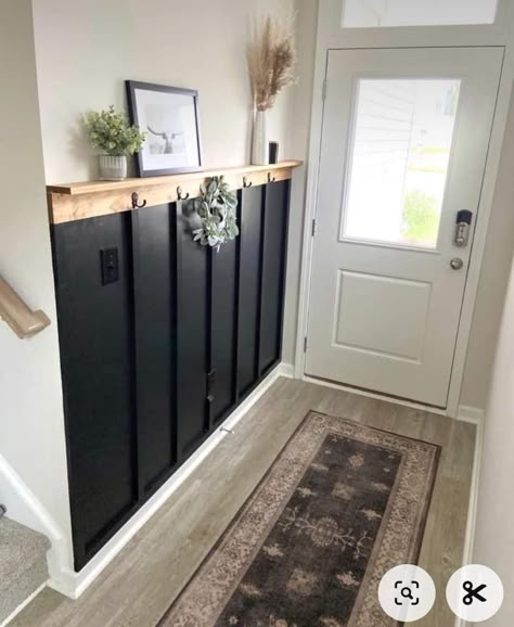 Front Door Entry Hallway, Black Narrow Hallway, Small Entryway Board And Batten, Black And Brown Entryway, Black And White Mudroom Ideas, Small Entry Accent Wall, Accent Wall With Coat Hooks, Black Beadboard Entryway, Black Wall Entryway Front Entry