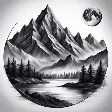 Mountain Waterfall Drawing, Mountain And River Tattoo, Montagne Tattoo, Tree And Mountain Tattoo, Mountain Scene Tattoo, River Tattoo, Colour Tattoo For Women, River Waterfall, Scene Tattoo