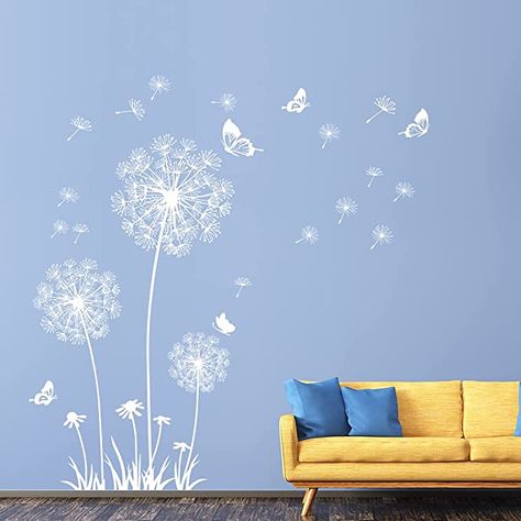 Dandelion Wall Decal, Backdrop Tv, Creative Wall Painting, House Wall Design, White Dandelion, Diy Wall Stickers, Room Wall Painting, Flower Wall Decals, Tv Wall Decor