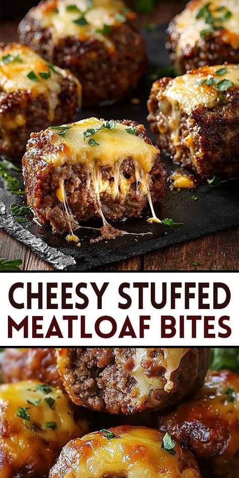 These Cheesy Stuffed Meatloaf Bites are packed with flavor, featuring juicy meatloaf filled with gooey, melted cheese in every bite! Perfect for family dinners, parties, or even a fun twist on classic meatloaf.🍔🧀 ✨ Ready to make the best-ever cheesy stuffed meatloaf bites? Save this Pin to your recipe board and make everyone’s taste buds happy! 😋📌 #CheesyStuffedMeatloaf #MeatloafRecipe #ComfortFood #Appetizers #FamilyDinner Meatloaf Bites, Juicy Meatloaf, Cheesy Meatloaf, Stuffed Meatloaf, Recipes By Ingredients, Classic Meatloaf, Southern Recipes Soul Food, Cheese Making, Melty Cheese