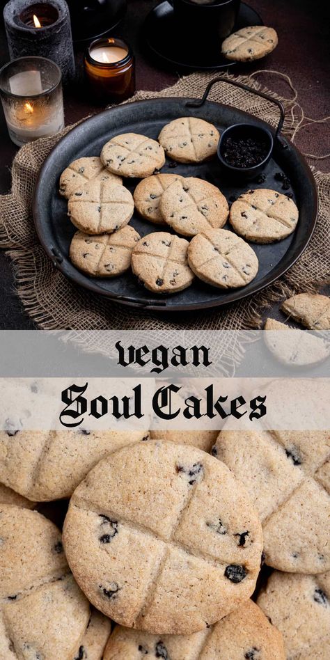 Vegan soul cakes - these delicious little spiced cakes/biscuits are a traditional British treat dating from medieval times. They were originally baked for All Hallow's Eve, All Saint's Day and All Soul's Day to commemorate the dead.

They are somewhere between a shortbread biscuit and a scone, have a warmly spiced flavour, are studded with currants and decorated with a cross. Vegan Soul Cakes, Vegan Medieval Recipes, All Saints Day Food Ideas, Vegan Yule Recipes, Winter Solstice Desserts, Witchy Recipes Food, Vegan Hand Pies, Autumnal Recipes, Vegan Witch