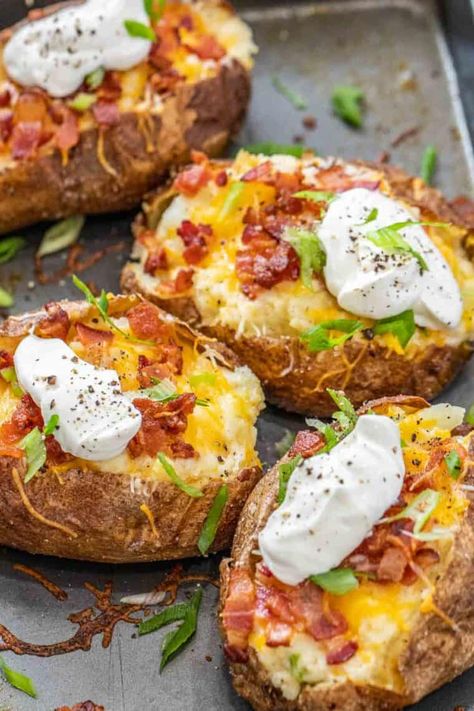 The BEST Twice Baked Potato Recipe. Baked potatoes that are crispy on the outside and loaded with cheese, bacon, and green onion and baked again. Only Baked Potatoes, Potato With Cheese And Bacon, Stuffed Loaded Baked Potato, Loaded Stuffed Baked Potatoes, Stuffed Baked Potato Dinner Ideas, Baked Potato With Cream Cheese, Oven Baked Loaded Potatoes, Loaded Potatoes In Oven, Best Stuffed Baked Potatoes