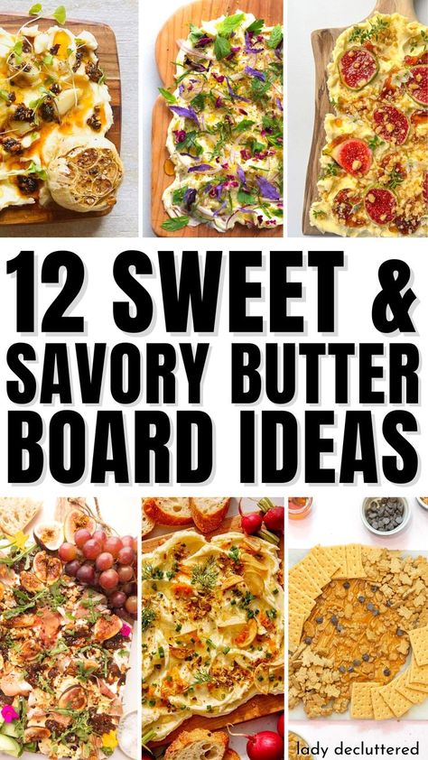 12 Sweet & Savory Butter Board Ideas Different Butter Recipes, Challenge Butter Recipes, 5 Ways To Flavor Butter 12 Tomatoes, Butter Ideas For Bread, Baked Charcuterie Board, Brie Butter Board, Garlic Butter Board Ideas, Butter Plate Ideas, Butter Smear Board