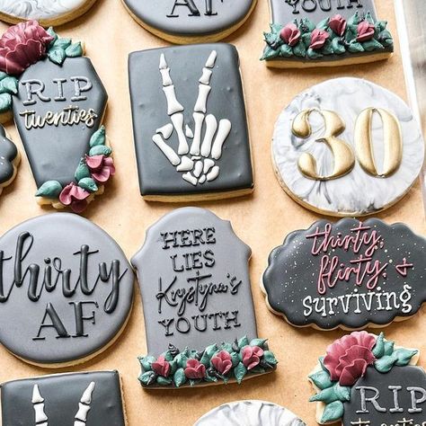 Rip Cookies Decorated, Thirtieth Birthday Cookies, Rip 30s Cookies, Dirty 30 Cookies Women, 30th Birthday Decorated Cookies, 30th Cookies Birthday For Women, Rip 20s Birthday Cookies, Cookies For 30th Birthday, Rip Cookies