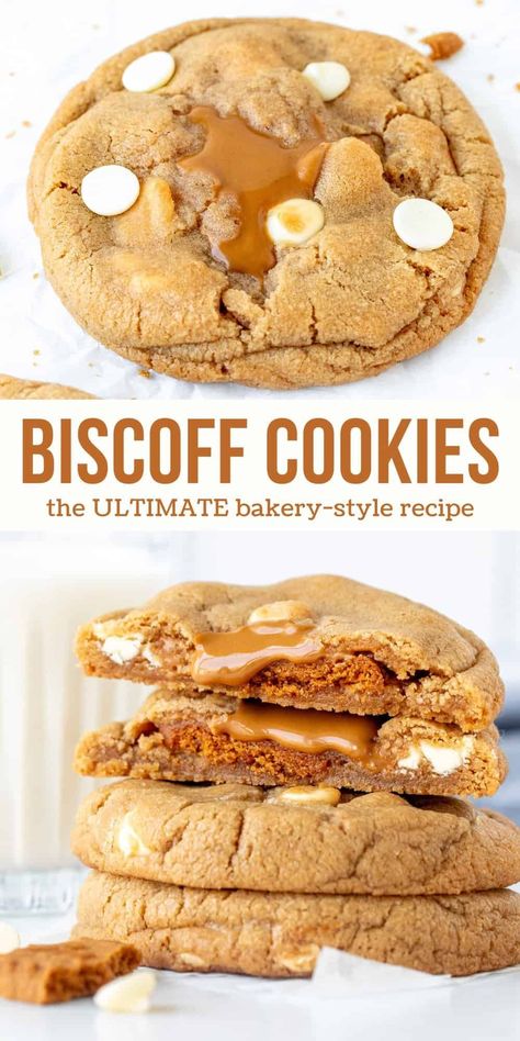 These Biscoff cookies are the ULTIMATE cookies if you love the creamy cookie butter spread. Biscoff gets mixed into the cookie dough, then each cookie is stuffed with a Lotus biscuit  and even more Biscoff. You end up with big, bakery-style cookies that are loaded with white chocolate chips and oozing with cookie butter in the middle. #cookiebutter #biscoff #stuffedcookies #biscoffcookies #biscoffstuffedcookies from Just So Tasty Bischoff Cookie Butter Recipes, Biscoff Spread Recipes, Cookie Butter Recipes, Biscoff Desserts, Thanksgiving Desert, Biscoff Cookie Recipe, Specialty Cookies, Lotus Biscuits, Biscoff Recipes