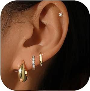 BESTEEL 4 Pairs Gold Silver Hoop Earrings Set for Women Small 14K Gold Filled Dainty Cartilage Huggie Earring Set for Multiple Piercing Hypoallergenic Flat Back Stud Earring Stacks Earrings Sets For Multiple Piercings, Earrings Stack, Multiple Piercings Earrings, Earring Combo, Earring Stacks, Jewelry Stack, Helix Jewelry, Amazon Jewelry, Huggie Earring