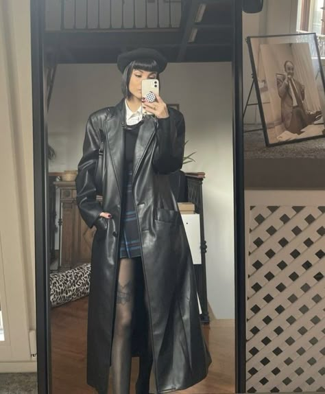 Styling A Dress For Winter, Emo Chic Outfits, Dnd Inspired Outfits, Goth Chic Outfits, Long Leather Jacket Outfit, Goth Chic, Leather Jacket Outfits, Next Clothes, Edgy Outfits