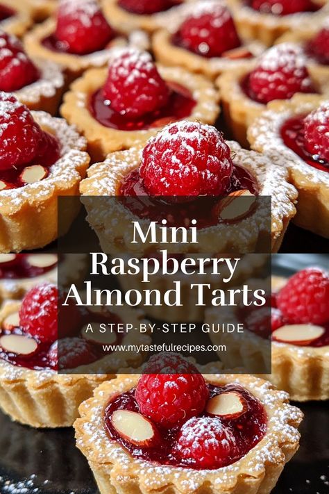 These mini raspberry almond tarts are the perfect balance of sweet and nutty, with a smooth almond filling and a pop of raspberry goodness! Mini Raspberry Almond Tarts, Raspberry Appetizers, Gluten Free Mini Desserts, Mini Tarts Dessert, Raspberry Almond Tart, Raspberry Custard Tart, Dessert Tarts Mini, Raspberry Tart Recipe, Almond Tarts