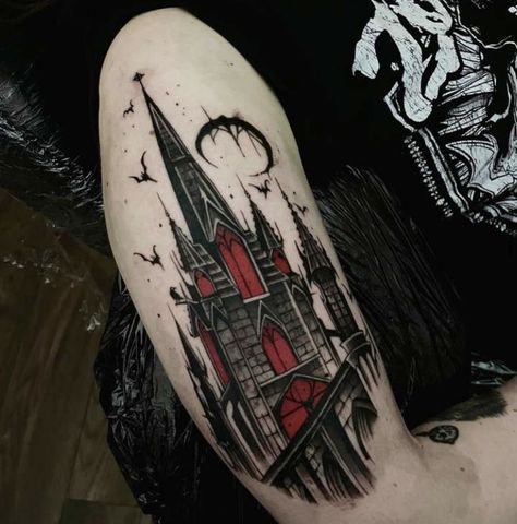 Gothic Tower Tattoo, Gothic Vampire Tattoo, Vampire Castle Tattoo, Gothic Arm Sleeve Tattoo, Goth Cathedral Tattoo, Goth Architecture Tattoo, Gothic Sleeve Tattoos For Women, Gothic Building Tattoo, Gothic Thigh Tattoo