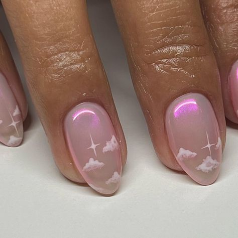 Moon Nails Design Short, Minimalist Nails Stars, Iridescent Star Nails, Short Almost Nails, Irredecent Nail Designs, Sleeping Beauty Nails, Opalescent Nails, Magical Nails, Space Nail Art