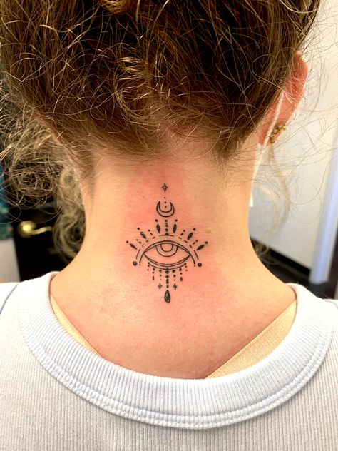 Third eye hippie tattoo on the back of neck 3rd Eye Neck Tattoo, Eye Tattoos For Women, All Seeing Eye Tattoo Back Of Neck, Eye Neck Tattoo, Third Eye Tattoo Ideas, Third Eye Spine Tattoo, Third Eye Tattoo Back Of Neck, Intuition Tattoo Third Eye, 3rd Eye Tattoo