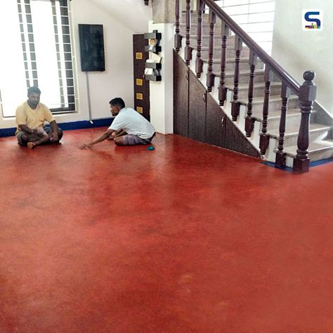 Vitrified Tile Flooring | Red Oxide Flooring: The Things You Should Know Oxide Flooring Ideas, Red Oxide Flooring, Oxide Flooring, House Pillar Design, Red Tile Floor, Popular Flooring, Wood Floor Stain Colors, Floor Carpet Tiles, India House