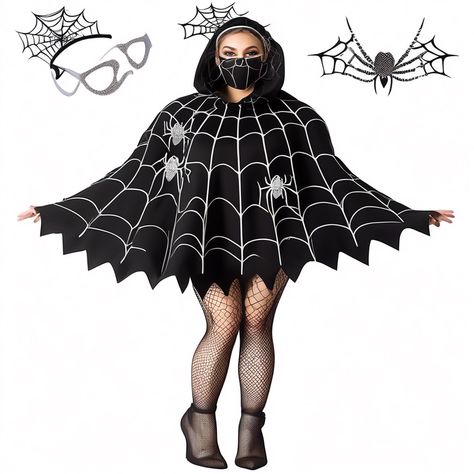 Embrace the spooky spirit with this enchanting spider web poncho, complete with a striking headband and mask. Perfect for Halloween, it will transform you into a stunning creature of the night! Web Costume, Spider Web Costume, Poncho For Women, Halloween Glam, Halloween Costume For Women, Mask Halloween Costume, Creature Of The Night, Spider Costume, Costume For Women