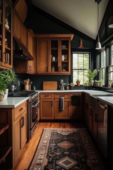 Granite Wood Kitchen, Dark Wood Kitchen Inspiration, Texas Interior Design Modern, Aesthetic Home Design Ideas, Light Wood Dark Walls, Retro Moody Aesthetic, Vintage Farmhouse Style Kitchen, Earthy Goth Aesthetic Home, Vintage Moody Kitchen