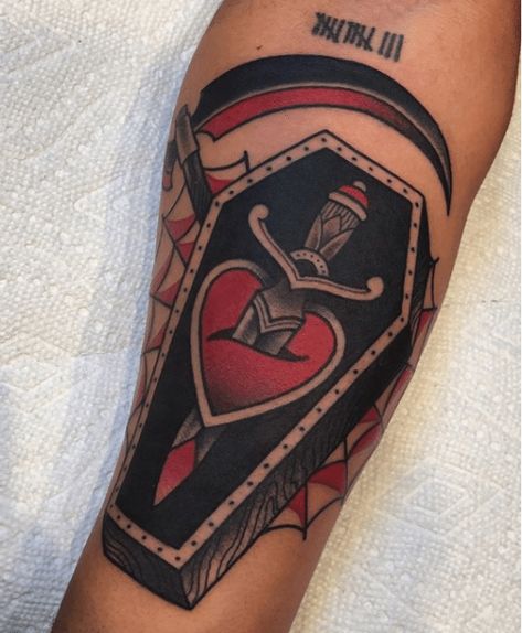 American Traditional Coffin and Scythe with Dagger through Heart by Carlos Montilla of Goodkind Tattoo (Chicago) #tattoostyle #tattoo #style #heart American Traditional Coffin, Blacked Out Tattoo Cover Up, Traditional Tattoo Coffin, Traditional Tattoo Cover Up, Traditional Tattoo Halloween, Traditonal Tattoo, Coffin Tattoo, Traditional Dagger, Husband Tattoo